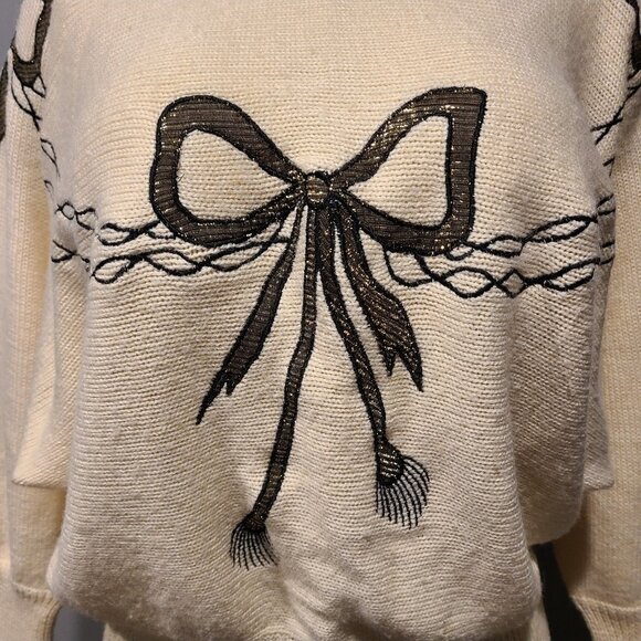 Vintage Bow Sweater Womens Holiday Gilded Gold Cream Wool Blend Size Large - Picture 10 of 10